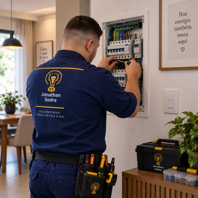 Jonathan Sodré instalando disjuntores em quadro de distribuição residencial