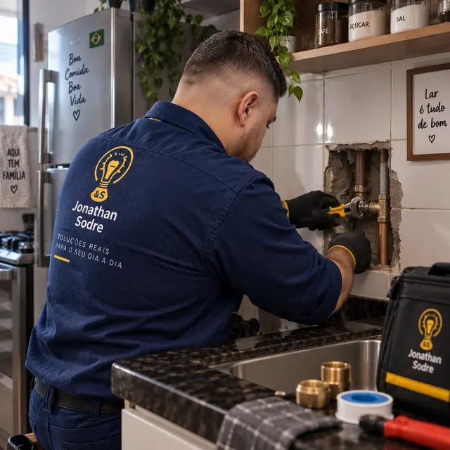 Jonathan Sodré apertando registro em tubulação de cobre na parede da cozinha